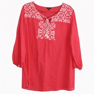 Talbots Woman Fuchsia Boho Tunic Blouse – Tassel Tie Front, Fully Lined, Size X